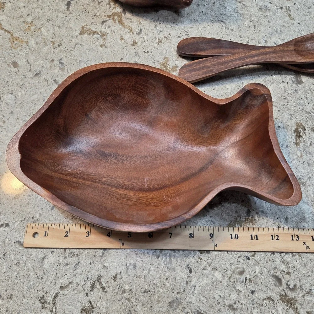 Hilo Hattie Monkey Pod Wood Fish Salad Set Serving Bowl Small Bowls Utensils MCM